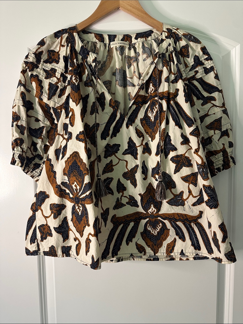 Ulla Johnson Cream Peasant Blouse with Brown & Black Botanical Print